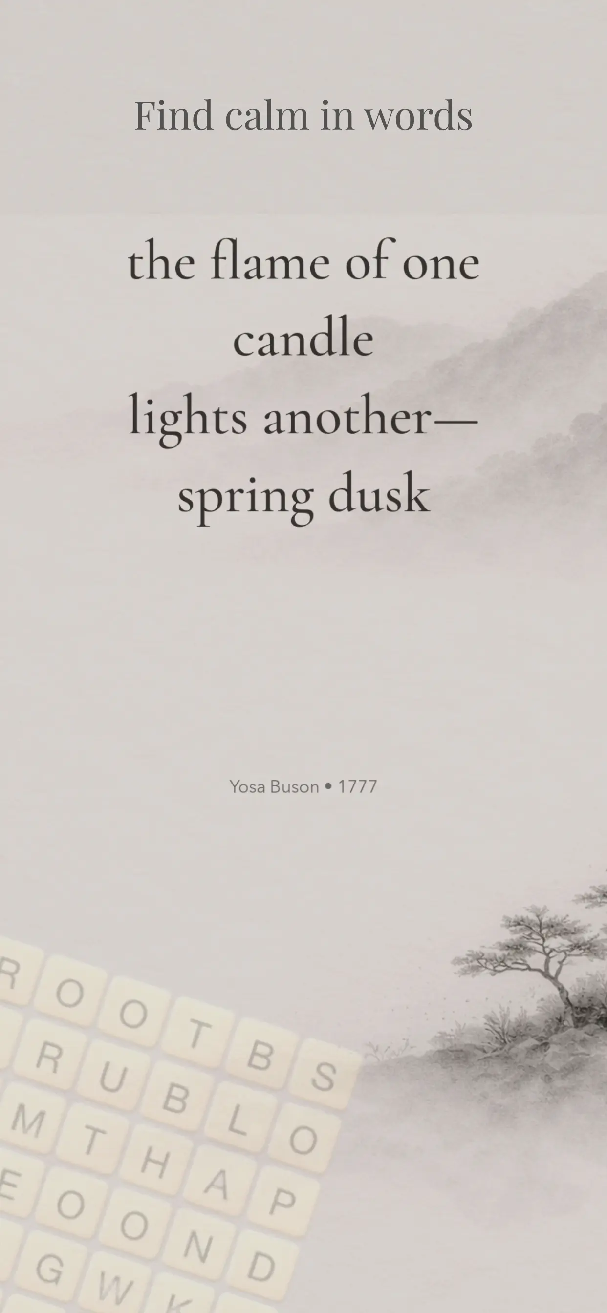 A poetic riddle displayed above a tranquil landscape.