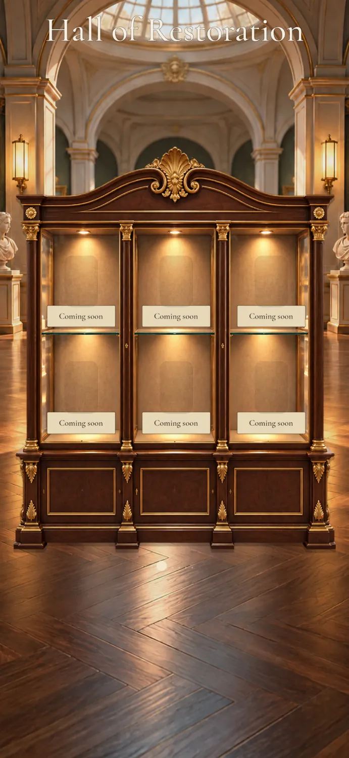The Hall of Restoration, with illuminated museum display cabinets.
