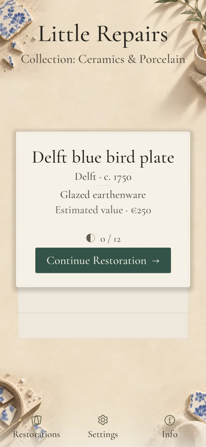 The Little Repairs collection screen with a Delft blue plate ready to restore.